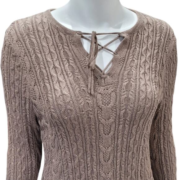 Jeanne Pierre Womens Fisherman Knit Sweater L Tan Taupe Oatmeal Cableknit Cotton - Picture 3 of 7